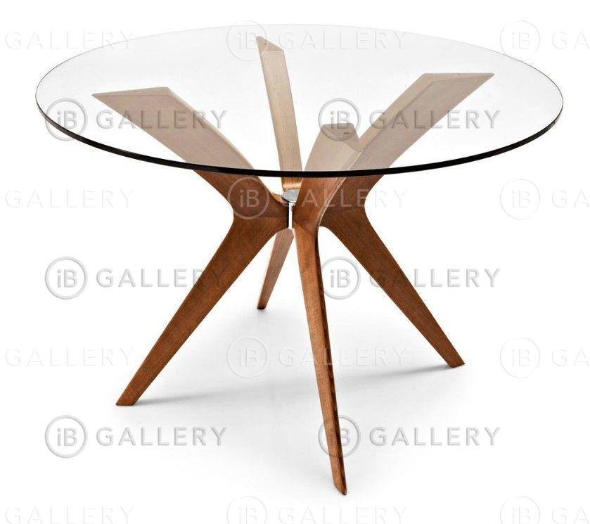 Стеклянный круглый стол с крестообразной ножкой из дерева