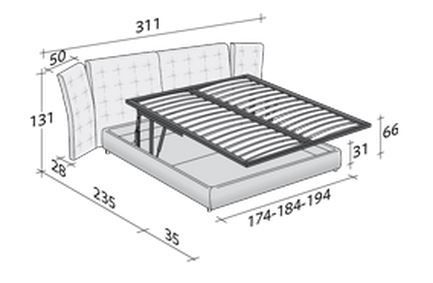 Размеры кровати Flou Angle в вариации с поднимающимся основанием
 