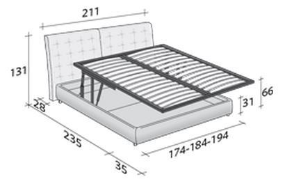 Размеры кровати Flou Angle с поднимающимся основанием