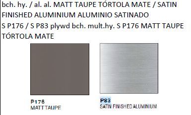 Модель в наличии доступна в следующих расцветках: bch. hy. / al. al. MATT TAUPE TÓRTOLA MATE / SATIN FINISHED ALUMINIUM ALUMINIO SATINADO S P176 / S P83 plywd bch. mult.hy. S P176 MATT TAUPE TÓRTOLA MATE.