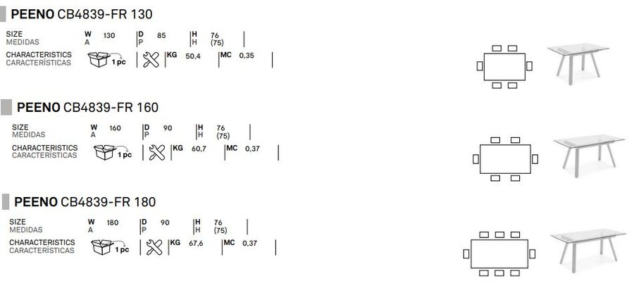 Стеклянный стол Connubia Peeno CB4839-FR 130, CB4839-FR 160, CB4839-FR 180